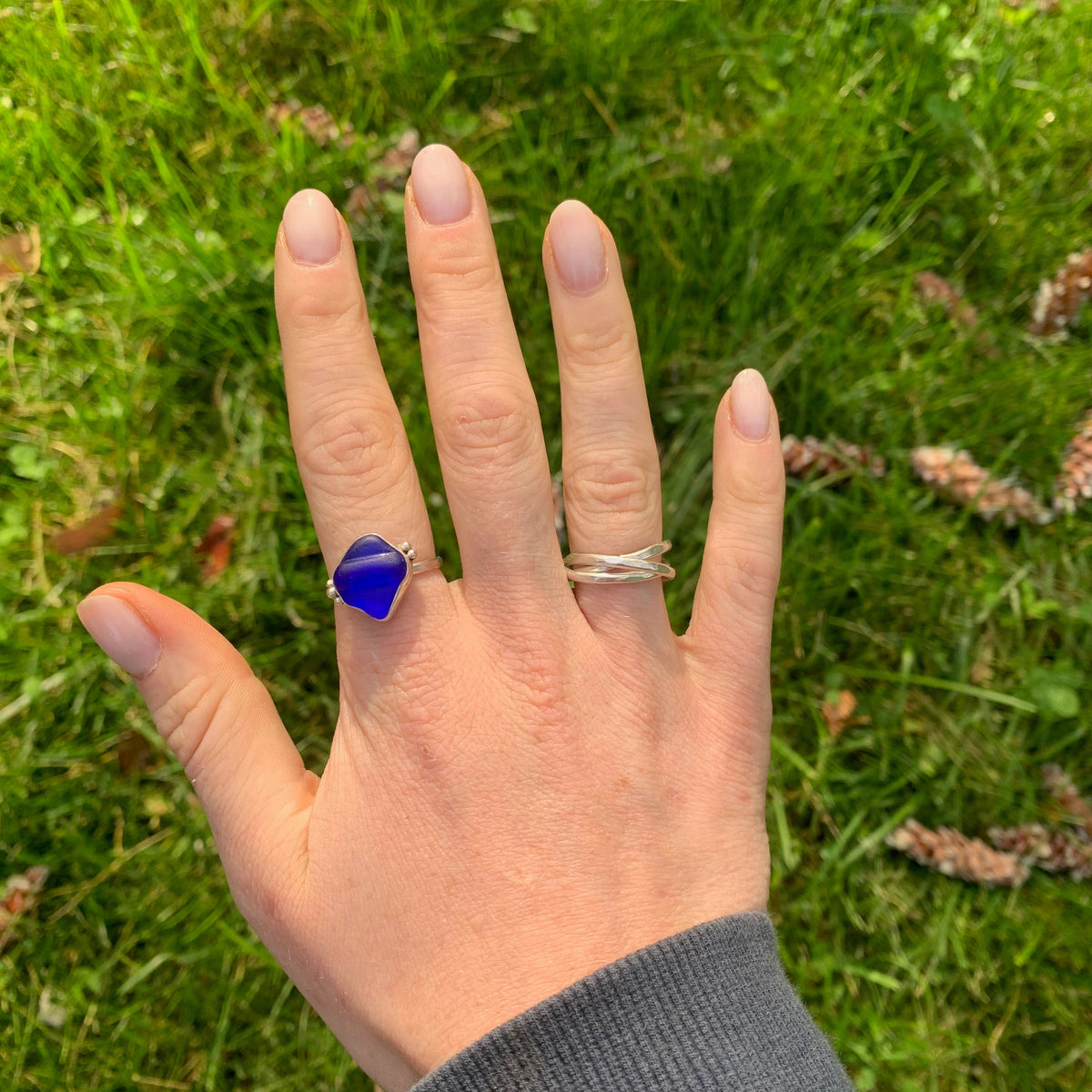 Blue sea glass ring